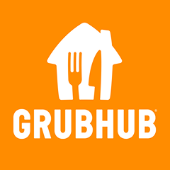 White house icon with a fork and knife inside, accompanied by the text "GRUBHUB" on an orange background.